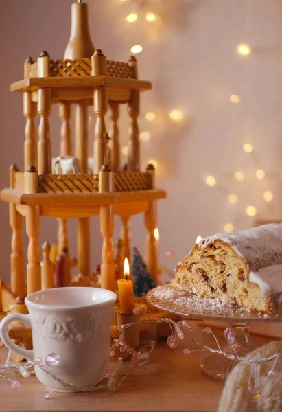 Magic Christmas German Christmas Bread Shaped Cake Stollen Christmas Wooden — Stock Photo, Image