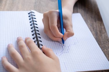 çocuk, 10 yaşındaki çocuk kareli deftere grafik çiziyor, bir satır sola, iki hücre aşağı, ev okulu hazırlık, uzaktan öğrenme, eğitime yaratıcı yaklaşım