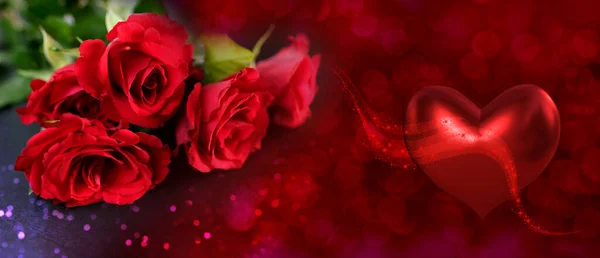 Beautiful Hearts Illustration Flowers Bouquet Red Roses Magenta Hot Pink — Stock Photo, Image
