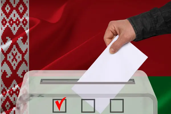 Transparent ballot box for voting with ballot in front Belarus national flag, Election Process and Democracy, Fair Elections and Anti-Corruption
