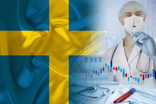 general male practitioner doctor Standing Against national flag of Sweden, healthcare and national policies, professional community of doctors