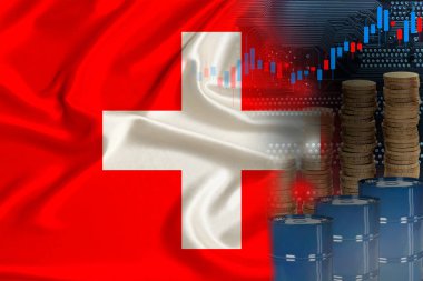 Ulusal İsviçre bayrağı ipek, variller dolusu petrol, metal madeni para, petrol vadeli ticaret konsepti, DBO endeksinin borsada büyümesi, küresel ticaret, düşüş ve yükselen petrol fiyatları