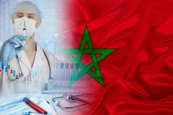 general male practitioner doctor Standing Against national flag of Morocco, healthcare and national policies, professional community of doctors