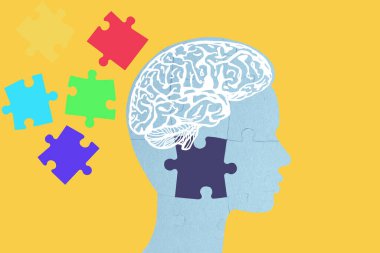 Karton yapboz parçaları, arka planda kopya alanı olan bulmaca, kayıp beyin bulmacası, akıl sağlığı, hafıza, yaratıcılık arka planı