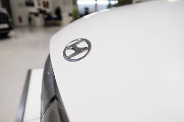 White Hyundai, Logo on cap, innovasyon in design, car exterior, otomobil detayları, teknolojik gelişmeler otomotiv endüstrisi, otomotiv mühendisliği, Frankfurt, Almanya - 13 Aralık 2023