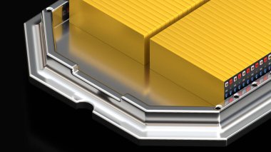 Alüminyum platformdaki elektrikli araçlar için yüksek kapasiteli batarya paketi, pil modülleri, seri üretim akümülatörleri elektrikli araçlar için yüksek güç ve enerji, 3D görüntüleme