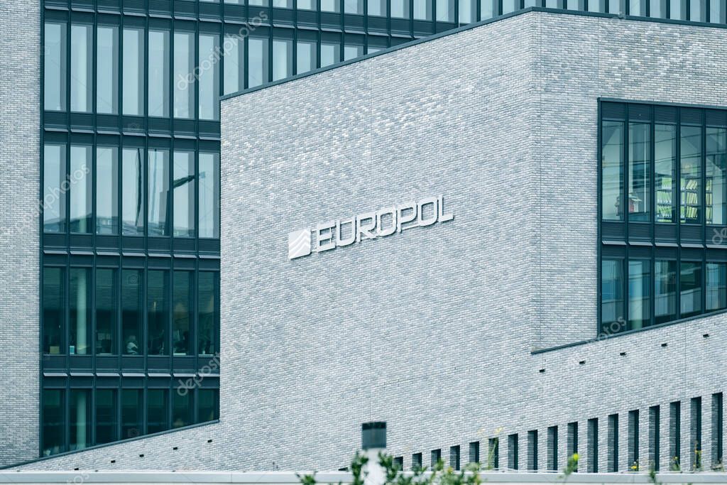 Building European Union Agency for Law Enforcement Cooperation with Europol text on facade, EU institutions, counterterrorism intelligence sharing, Hague, Netherlands - September 12, 2023