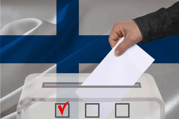 Transparent ballot box for voting with ballot in front Finland national flag, Election Process and Democracy, Fair Elections and Anti-Corruption
