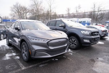 elektrikli araba Ford Mustang Mach-E kış otoparkında, EV Avrupa, otomotiv endüstrisinde teknolojik gelişmeler, çevre temizliği aracı, Frankfurt, Almanya - 19 Ocak 2024