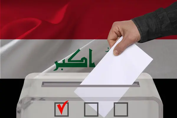 Transparent ballot box for voting with ballot in front Iraq national flag, Election Process and Democracy, Fair Elections and Anti-Corruption