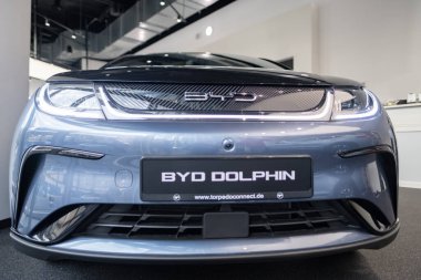 Yeni leylak rengi DOLPHIN Elektrikli Araba, Stüdyoda hatchback Çinli üretici, ısı pompası, galeride zarif bir araç, Frankfurt, Almanya 'da otomotiv endüstrisinde yenilik - 31 Ocak 2024