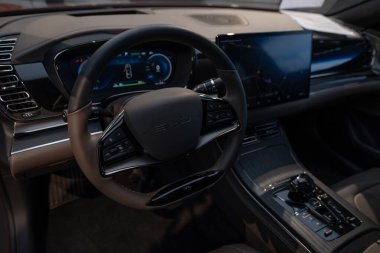 Direksiyon, İçişleri, kokpit BYD Han EV, ergonomik dijital panel, elektrikli araç Çinli üretici, zarif araba, otomotiv endüstrisinde yenilik, Stuttgart, Almanya - 26 Ocak 2024