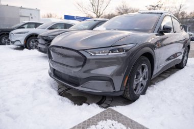 elektrikli araba Ford Mustang Mach-E kış otoparkında, EV Ford Motor Company, otomotiv endüstrisinde teknolojik gelişmeler, çevre temizliği aracı, Frankfurt - 19 Ocak 2024