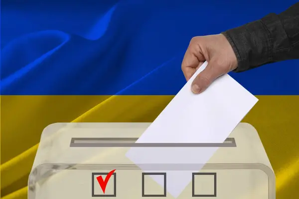 Transparent ballot box for voting with ballot in front ukraine national flag, Election Process and Democracy, Fair Elections and Anti-Corruption