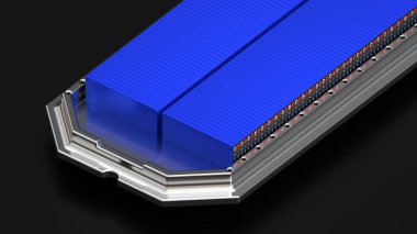 Alüminyum platformdaki elektrikli araçlar için yüksek kapasiteli batarya paketi, pil modülleri, seri üretim akümülatörleri elektrikli araçlar için yüksek güç ve enerji, 3D görüntüleme