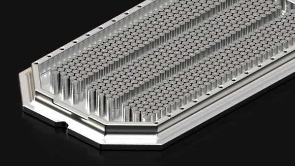 4680 Tesla pil dizisi, alüminyum platformdaki yüksek kapasiteli Li-ion akümülatör hücre modülleri, Enerji Depolama Yenilikleri, 3D render, Yüksek Teknoloji Otomotiv Teknolojisi, Elon Musk şirketi