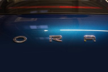 Kapak kapağı kapalı, mavi elektrikli araba GWM ORA 03, otomobil detayları, EV Great Wall Motors, otomotiv endüstrisi, Frankfurt, Almanya 'da sürdürülebilir çevre aracı fuarı - 19 Ocak 2024