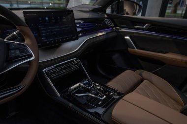 BYD 'nin içi, Tang Electric Car' ın kokpiti, ergonomik dijital panel, fiziksel düğmeler, joystick 'ler, elektronik teknoloji otomotiv endüstrisi, Stuttgart, Almanya - 26 Ocak 2024