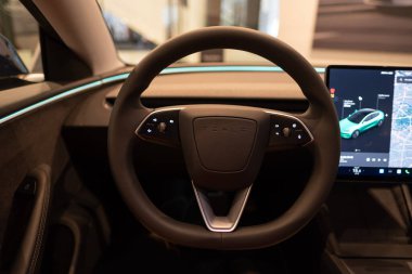 Direksiyon simidi, Tesla elektrikli araba modeli 3 iç mekan, Highland light strip, kokpit modern EV teknolojileri araba üretimi, çevre dostu motorlar, Berlin, Almanya - 17 Şubat 2024