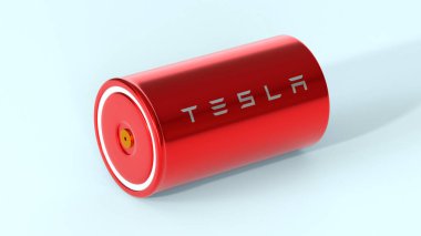 Lityum iyonlu kırmızı 4680 Tesla bataryası, bir adet yüksek kapasiteli akümülatör, masa hücresi, enerji depolama, elektrikli araç üretimi, High Tech Otomotiv Teknolojisi, Elon Musk şirketi, 3D üretici