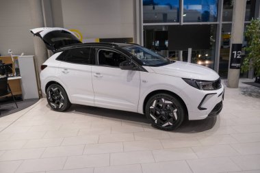 Yeni beyaz Opel Grandland Eklenti Aracı Opel Otomobil GmbH, çağdaş Avrupa 'da EV kullanımındaki eğilimler, Almanya' nın Stuttgart kentindeki otomotiv endüstrisindeki teknolojik gelişmeler - 26 Ocak 2024