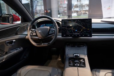 Direksiyon, vites, iç mekan, kokpit BYD Atto 3 elektrikli araba, dijital panel, otomotiv endüstrisinde EV teknolojisi, hatchback Çinli üretici, Frankfurt 'ta icat - 31 Ocak 2024