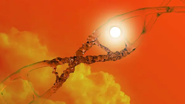 human dna structure with glass helix destroyed, deoxyribonucleic acid on sun and orange clouds background, nucleic acid molecules, change, break in chemical structure, sunlight damage, 3d rendering