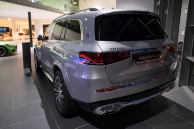 Dikiz ayarı gümüş Maybach GLS SUV dikiz aynası, araba Mercedes-Benz Grubu, çevre temizliği aracı, otomotiv endüstrisindeki icatlar Frankfurt, Almanya 'da - 25 Ocak 2024