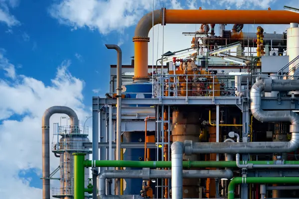 ドイツのフランクフルトにある近代的な化学工場 煙突から蒸気が出る工場 化学工業の複雑さ 地球温暖化 イノベーションは世界経済を牽引します ストック画像
