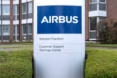 corporate banner Airbus front office building, related to development aviation infrastructure, largest European aerospace corporation, impact on economy, Frankfurt, Germany - February 10, 2024 clipart