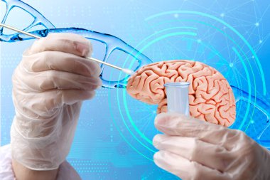 İnsan beyni, zeka testi, Sibernetik ve İnsan Gelişimi, bilim adamı, doktor laboratuvar test tüpü tutuyor ve biyolojik materyal, Beyin-Bilgisayar Arayüzlerinin Geleceği 'ni test ediyor.