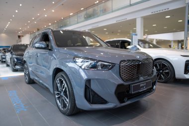 Gri BMW iX1 orta ölçekli elektrikli SUV Alman üreticisi BMW AG, güçlü elektrikli motor, otomotiv endüstrisindeki gelişmiş teknoloji, Sürdürülebilir Ulaşım, Frankfurt, Almanya - 22 Ocak 2024