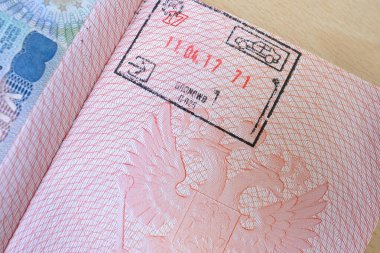 Yabancı vizeli yabancı pasaportun bir kısmını kapat, sınır damgaları, ülkelere giriş izni, dünyayı dolaşma konsepti, seyahat belgesi