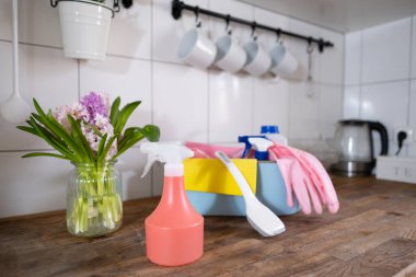 Temizlik malzemeleri, mutfak takımı, bahar temizliği, mendil, deterjan, çevre dostu ve sürdürülebilir temizlik ürünleri, ev işleri.