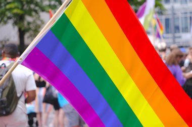 Gökkuşağı gurur bayrağı ya da özgürlük bayrağı el ele tutuşan katılımcılar gay geçit töreni, uluslararası LGBT hareketi, Onur Ayı, lezbiyen ve gay insanların toplu yürüyüşü