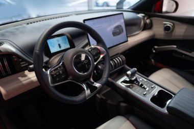 Direksiyon, vites, iç mekan, kokpit BYD Atto 3 elektrikli araba, dijital panel, otomotiv endüstrisinde EV teknolojisi, hatchback Çinli üretici, Frankfurt 'ta icat - 31 Ocak 2024