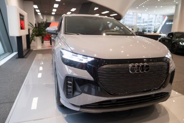 Gri elektrikli geçiş Audi Q4 e-tron panoramik çatılı, Alman Volkswagen Grubu, otomotiv endüstrisindeki gelişmiş teknoloji, Sürdürülebilir Ulaşım, Frankfurt, Almanya - 22 Ocak 2024