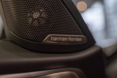 ses sistemleri Harman Kardon BMW i4 beş kapılı elektrikli asansör sınıfı D, Alman üretici BMW AG, otomotiv endüstrisinde çevre dostu gelişmiş teknoloji, Frankfurt, Almanya - 22 Ocak 2024