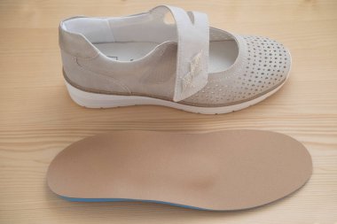 Orthopedic shoe inserts featuring supinator made of authentic leather, Experience Unmatched Comfort, Arch support, foot fatigue clipart