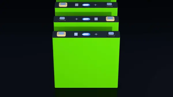 stock image green prismatic LFP cell, NMC Prismatic battery's for electric vehicles and energy storage, 3d rendering, mass production accumulators high power