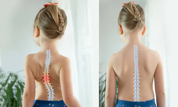 stock image child, young girl showcasing Normal healthy spine and curved spine with scoliosis, need medical attention, spinal health, abnormal spine