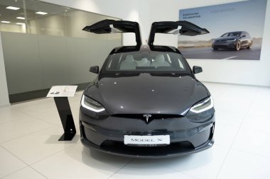 Galeride yeni gri Tesla Model X elektrikli araba, şahin kanadı kapıları, çağdaş Avrupa, Amerikan şirketi, elektrikli araç üretimi EV trendleri, Frankfurt, Almanya - 28 Haziran 2024