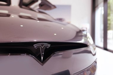 Gümüş renkli Tesla Model X elektrikli araba, Kapalı Krom kaplı Logo Tesla Motors gümüş kaput, Elon Musk, Amerikan şirketi, elektrikli araç üretimi, Frankfurt, Almanya - 28 Haziran 2024