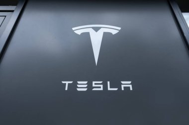 reklam logosu Tesla Motors ön cephede, elektrikli araba şirketi elon Musk brand, Otomotiv çevresel sürdürülebilir endüstri, Liderlik ve Yenilikler, Frankfurt, Almanya - 28 Haziran 2024