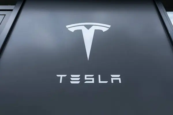 reklam logosu Tesla Motors ön cephede, elektrikli araba şirketi elon Musk brand, Otomotiv çevresel sürdürülebilir endüstri, Liderlik ve Yenilikler, Frankfurt, Almanya - 28 Haziran 2024