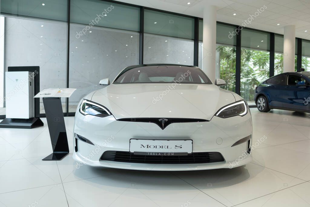 White Model S Plaid, innovative electric car Tesla Motors in studio, trend in use EV in contemporary Europe, Automotive industry, Frankfurt, Germany - June 28, 2024