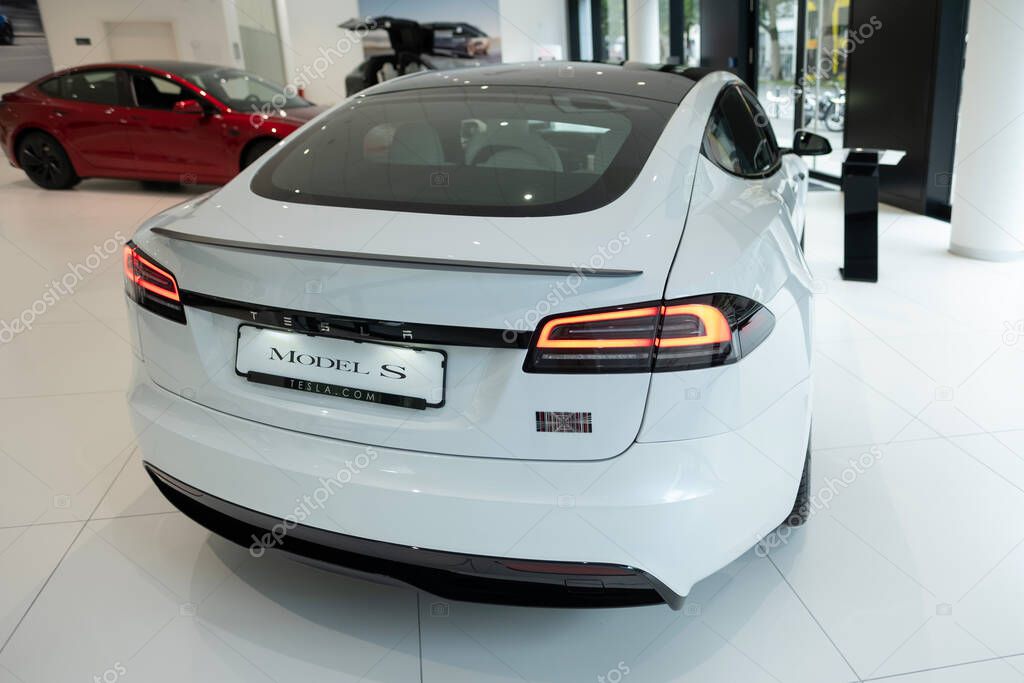 White Model S Plaid rear view, innovative electric car Tesla Motors in studio, trend in use EV in contemporary Europe, Automotive industry, Frankfurt, Germany - June 28, 2024