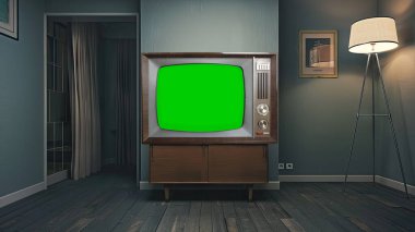 Eski oda içi eski analog televizyon, 1960-1970 arası fotokopi alanı olan tasarımcılar için boş ekran, konsept modernizasyon veya teknolojik devrim, model, şablon