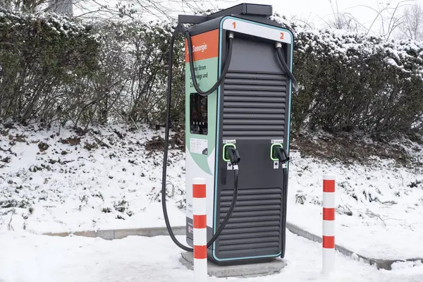 stock image pfalzwerke EV charging station, DC charging connectors, Combined Charging System 2 quick-charge station, alternative energy, technology and innovation automotive industry, Frankfurt - January 21, 2024