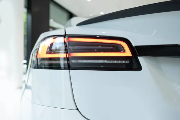 stock image White Model S Plaid rear view, innovative electric car Tesla Motors in studio, trend in use EV in contemporary Europe, Automotive industry, Frankfurt, Germany - June 28, 2024